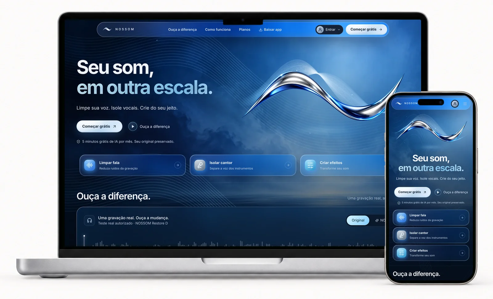 O NOSSOM aberto num MacBook e num iPhone