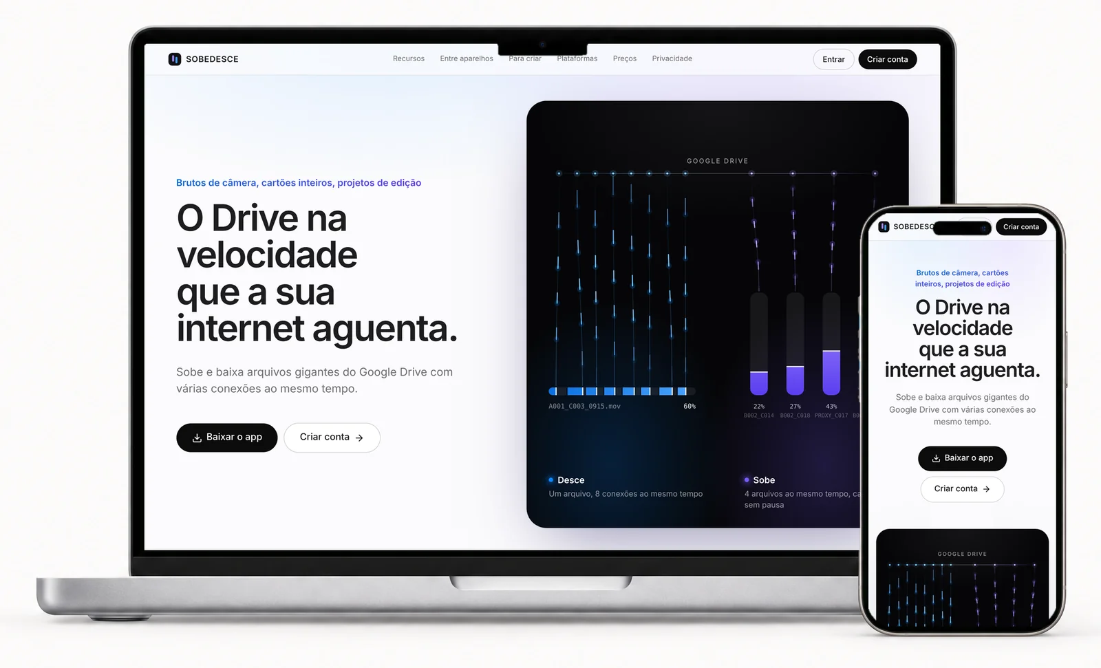 O SOBEDESCE aberto num MacBook e num iPhone